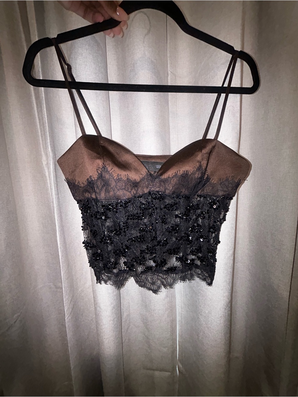 Zara Brown and Black Lace Beaded Corset Top
